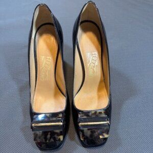 Salvatore Ferragamo Black Patent Leather Block Heel Pumps w/ Tortoise Shell 6C